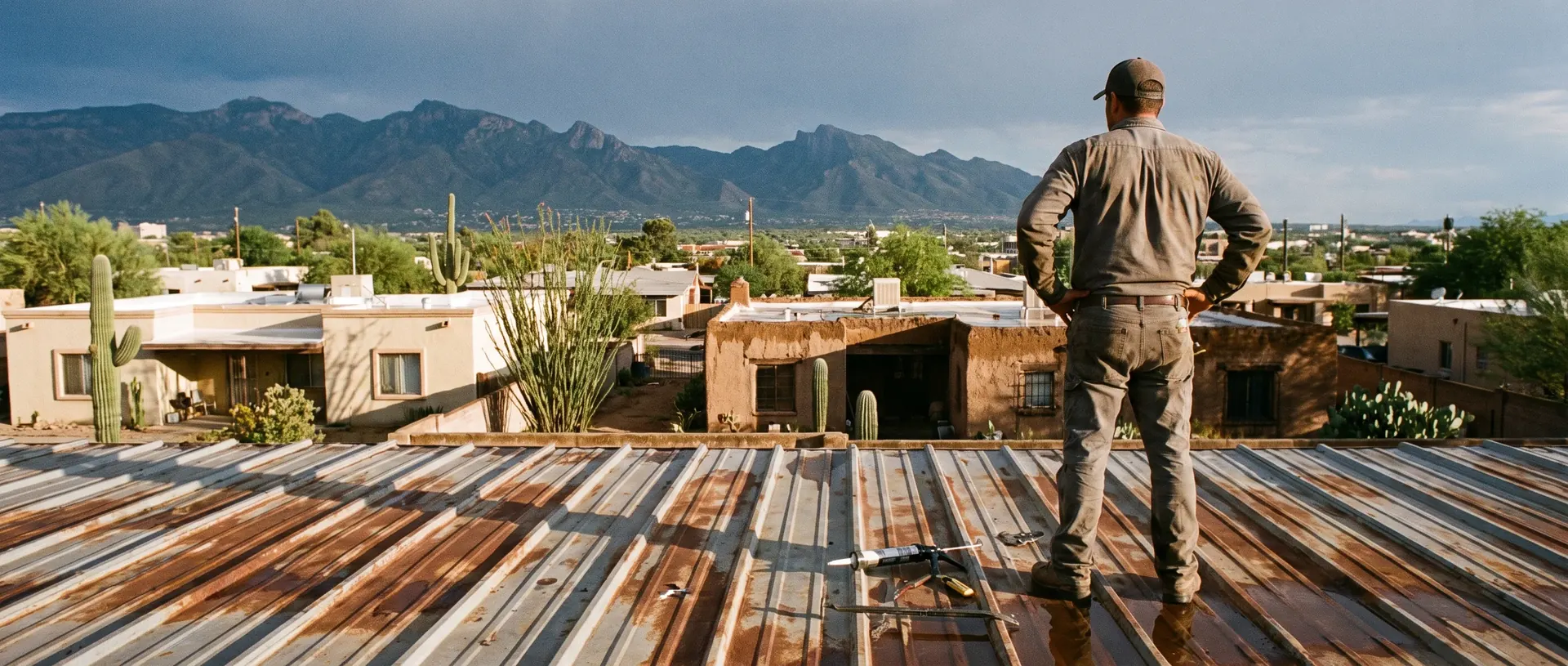 Roofer standing on a Tucson metal roof looking out over the valley after a monsoon storm
