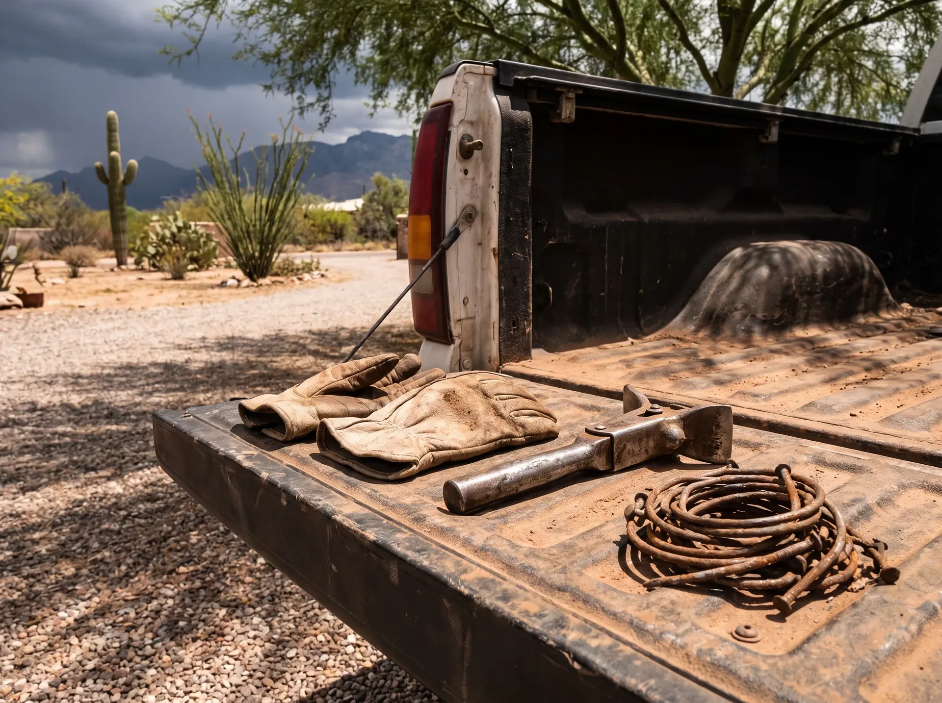 Worn work gloves, a hand seamer and replacement fasteners on the tailgate of a work truck