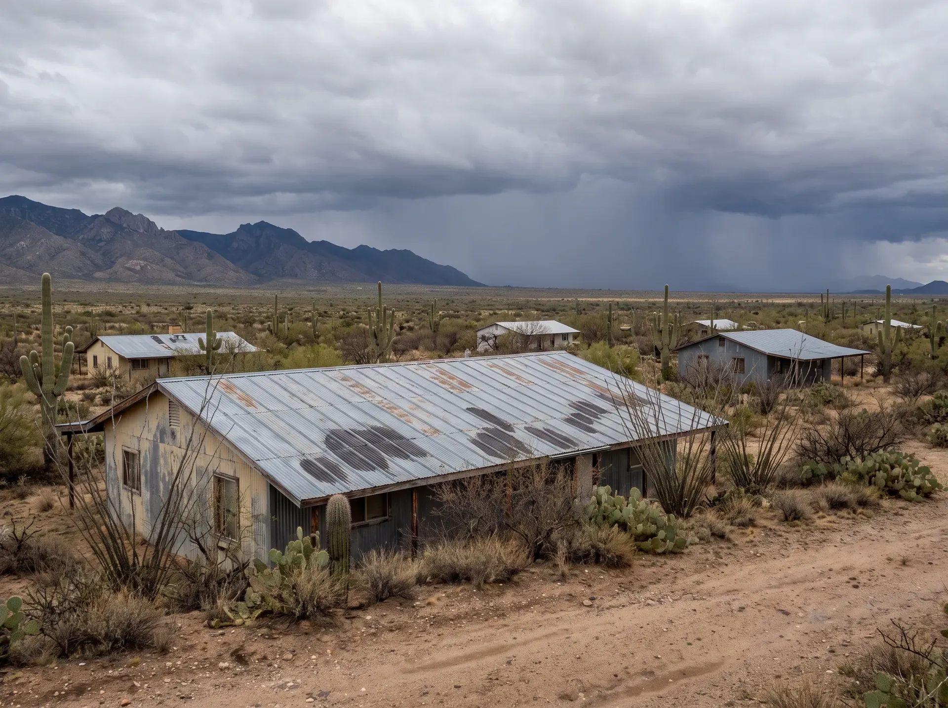 Scattered metal roofed houses on open ground at Corona de Tucson