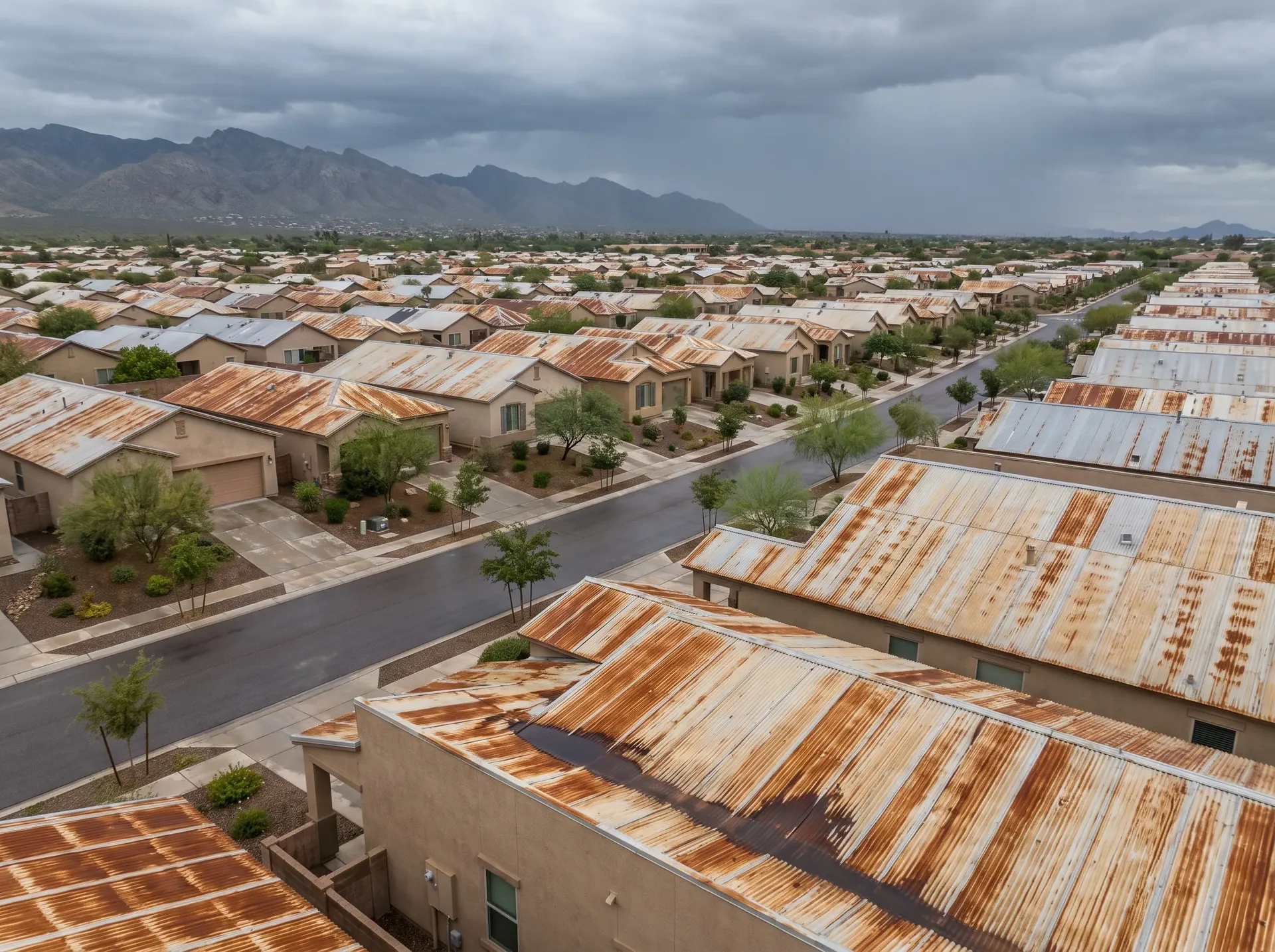 Dense uniform Rita Ranch subdivision rooftops of the same age and design