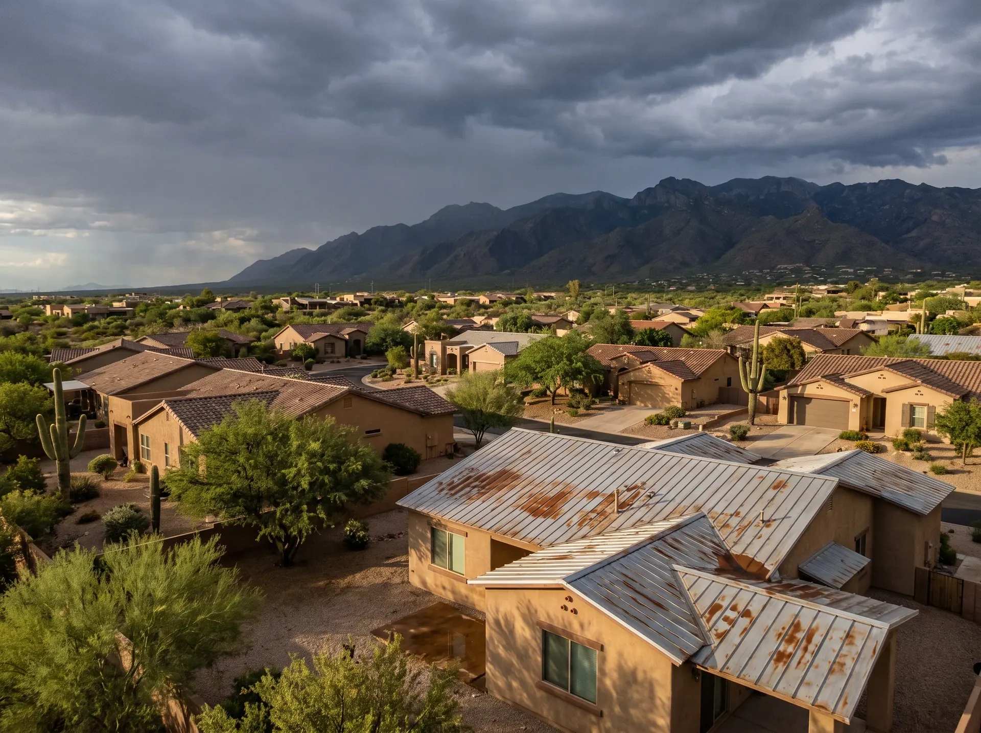 SaddleBrooke community rooftops laid out at the foot of the Santa Catalina Mountains