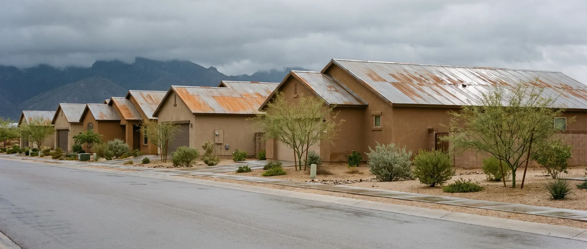 Row of matching post 2000 Sahuarita houses with metal roof sections of the same age