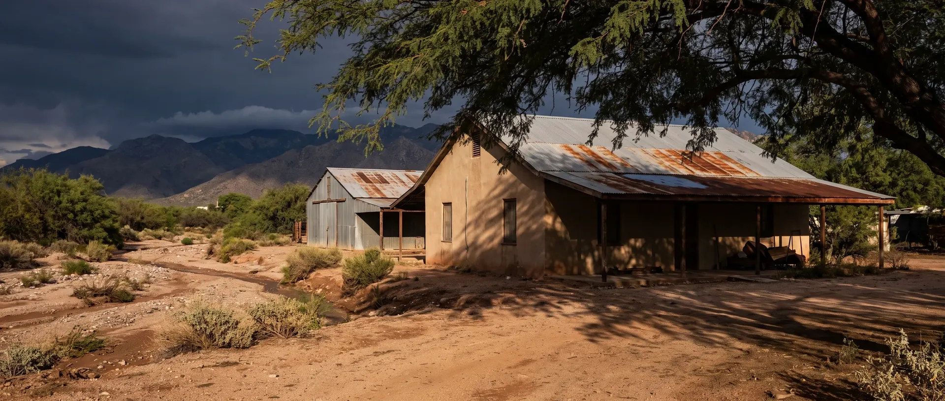 Tanque Verde acreage property with a metal roofed house and barn under mesquite canopy