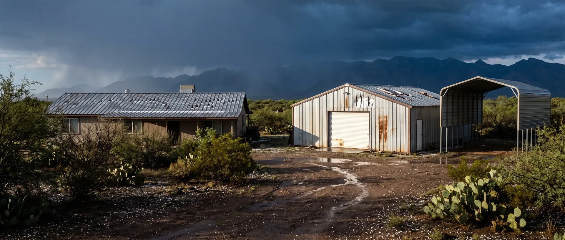 Vail property with a metal roofed house and shop building marked by hail bruising