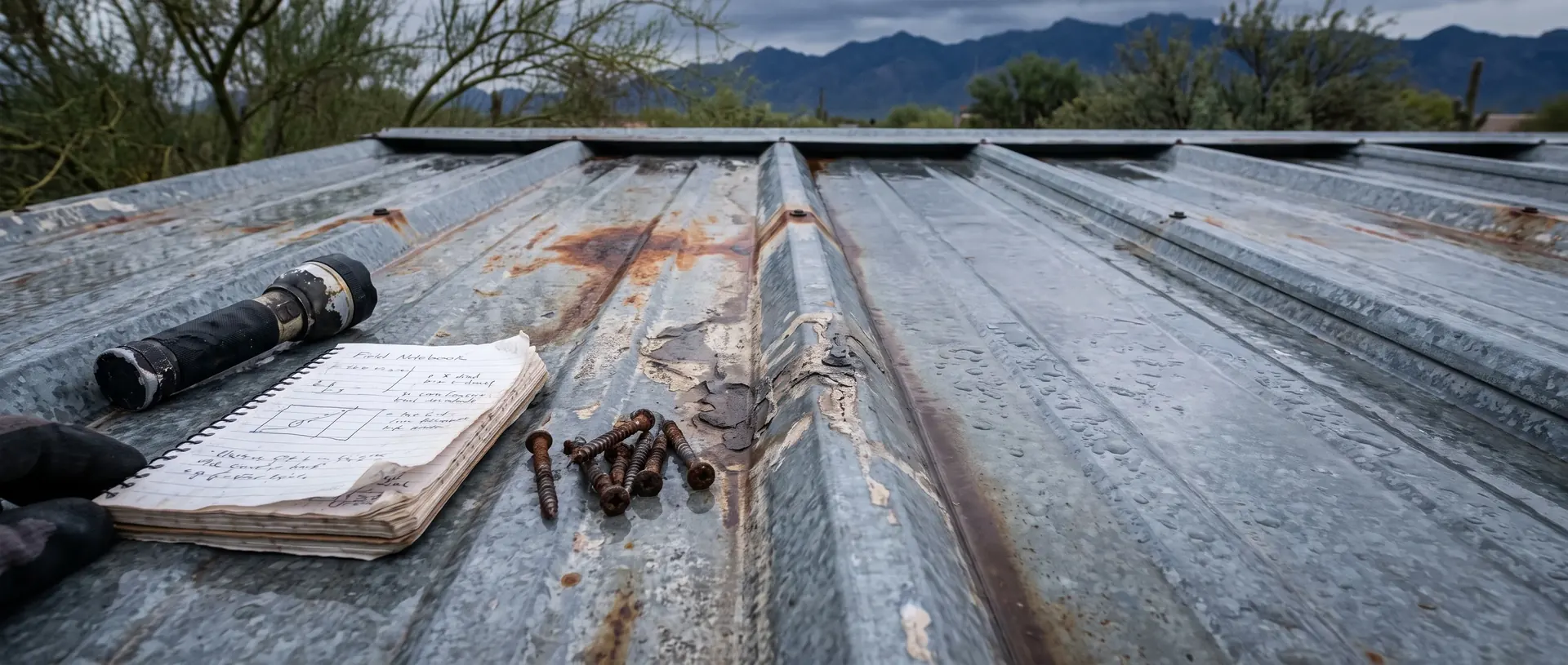 Torch, notebook and removed corroded screws laid out on a weathered metal roof panel