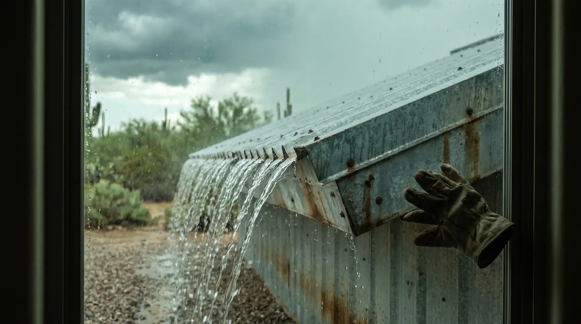 Water sheeting off a metal roof edge during a Tucson monsoon storm