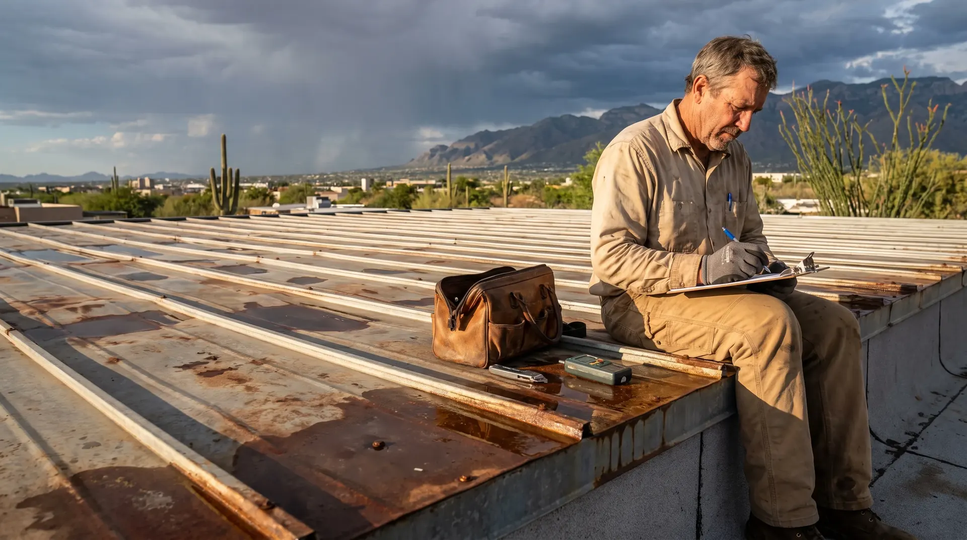 Roofer writing up a repair assessment on a Tucson rooftop with the city below