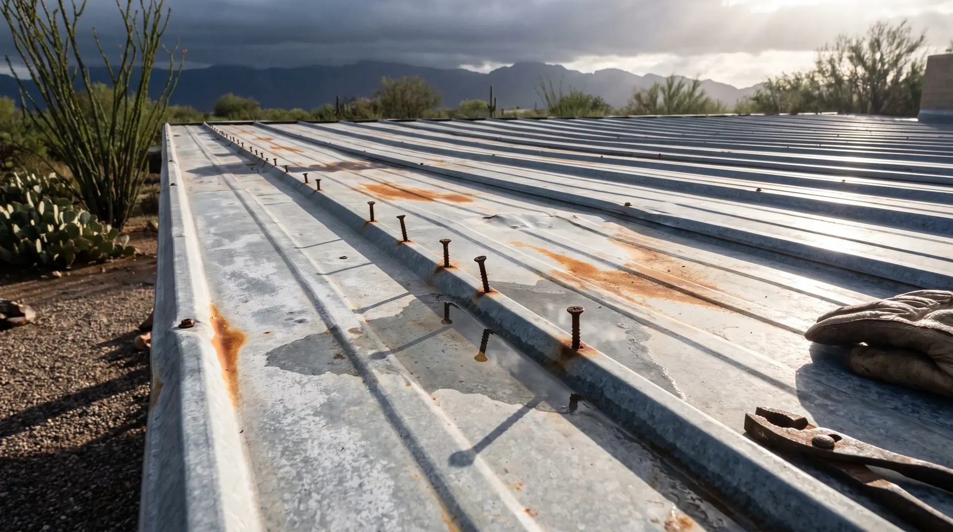Line of roofing screws on a Tucson metal roof with several standing proud of the surface