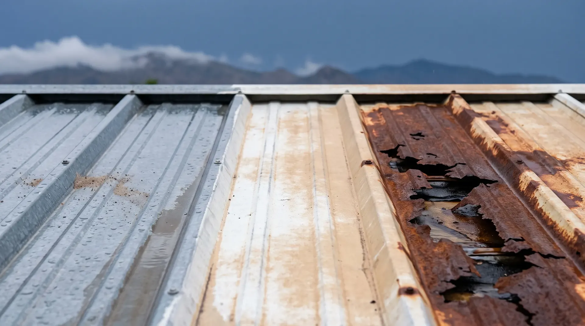 Metal roof plane showing sound, chalked and perforated sections side by side