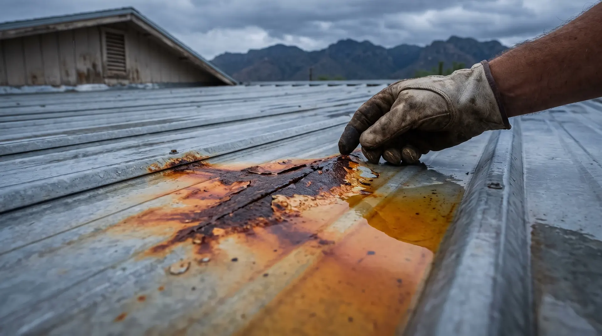 Rust bloom spreading outward from a scratch and creeping under the paint on a roof panel