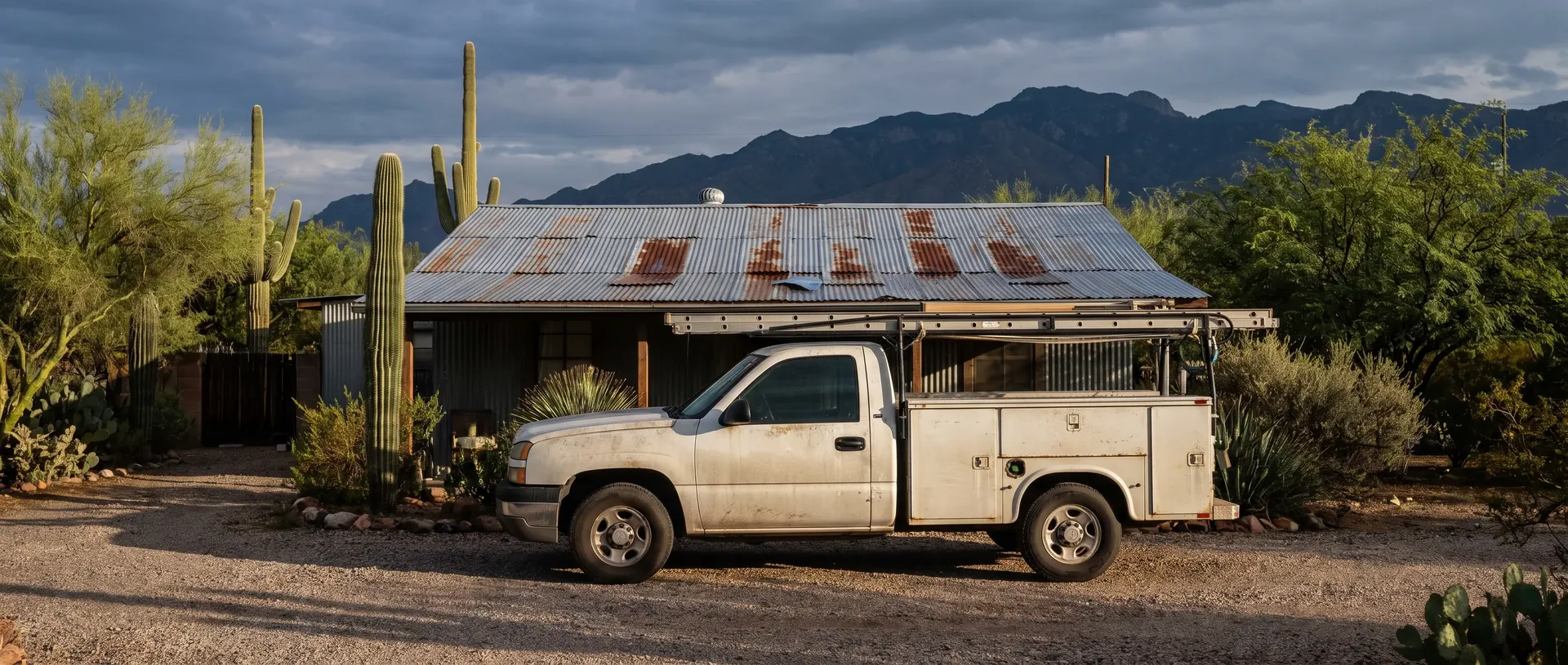 Work truck with roof ladders parked on a gravel driveway outside a Tucson metal roofed house