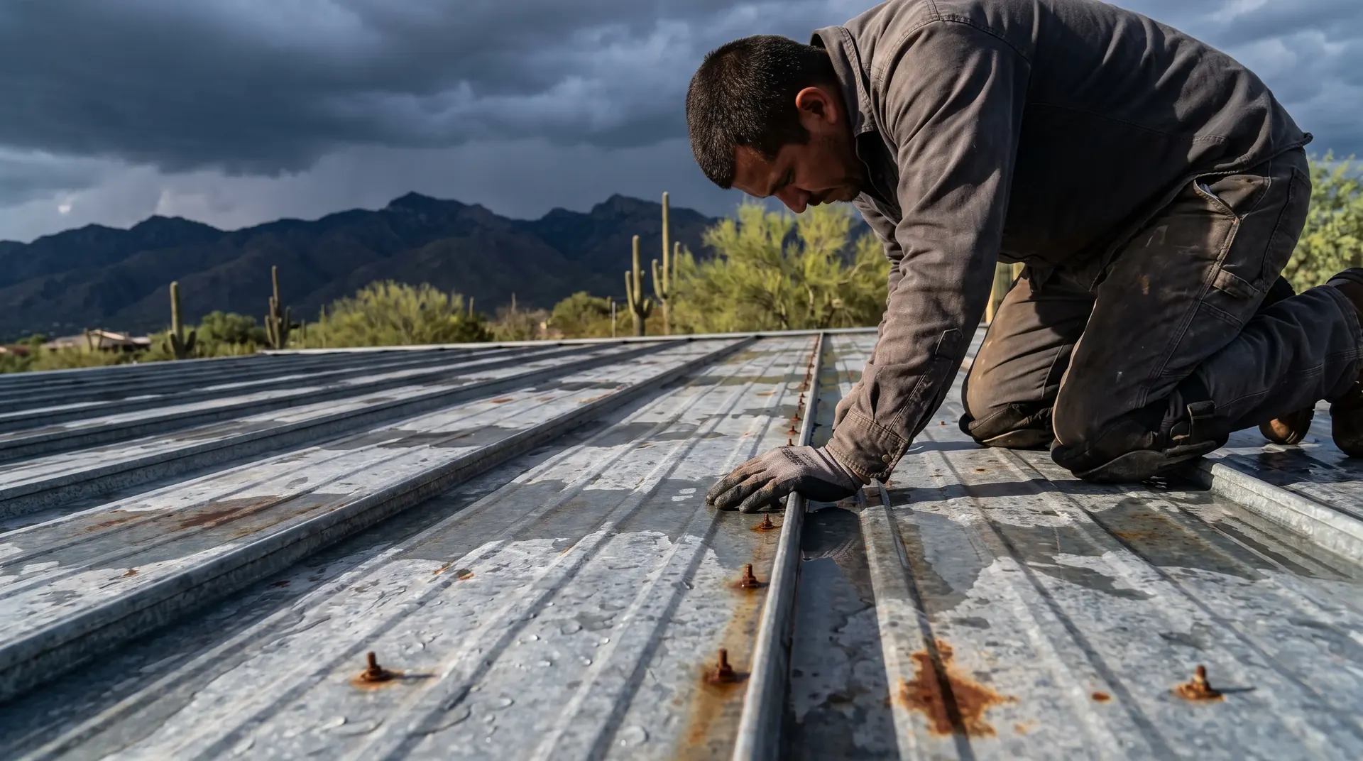 Roofer kneeling on a wet metal roof in Tucson checking a fastener line as a monsoon cell clears behind the Santa Catalina Mountains