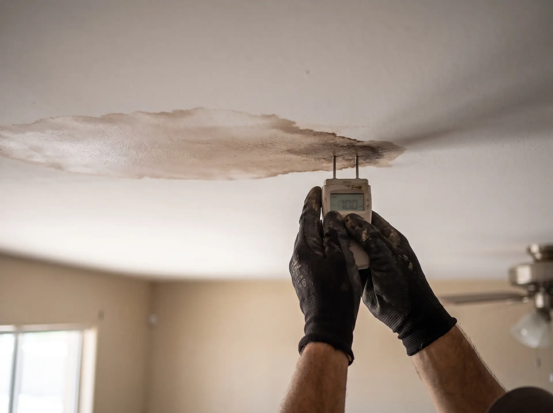 Moisture meter held against a water stain spreading across an interior ceiling below a leaking metal roof