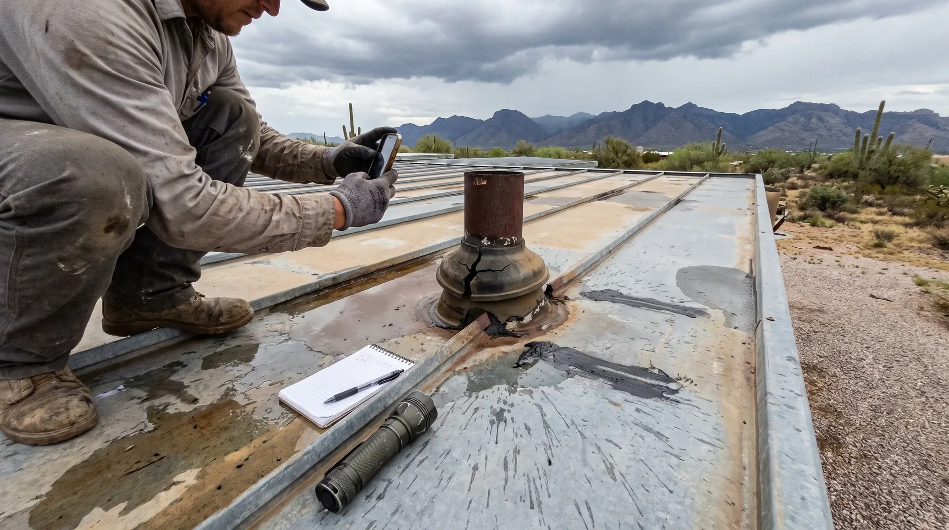 Roofer photographing a failed pipe boot on a Tucson metal roof during a documented repair assessment