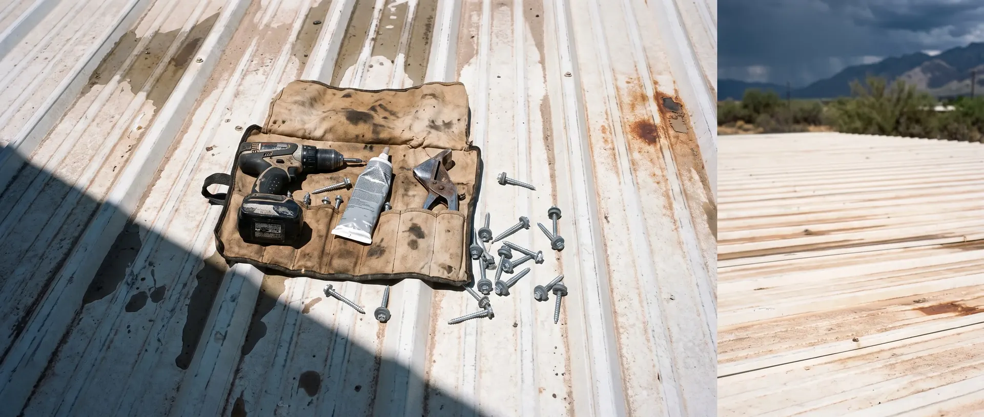 Tool roll, sealant and replacement fasteners laid out on a sun faded Tucson metal roof before a repair