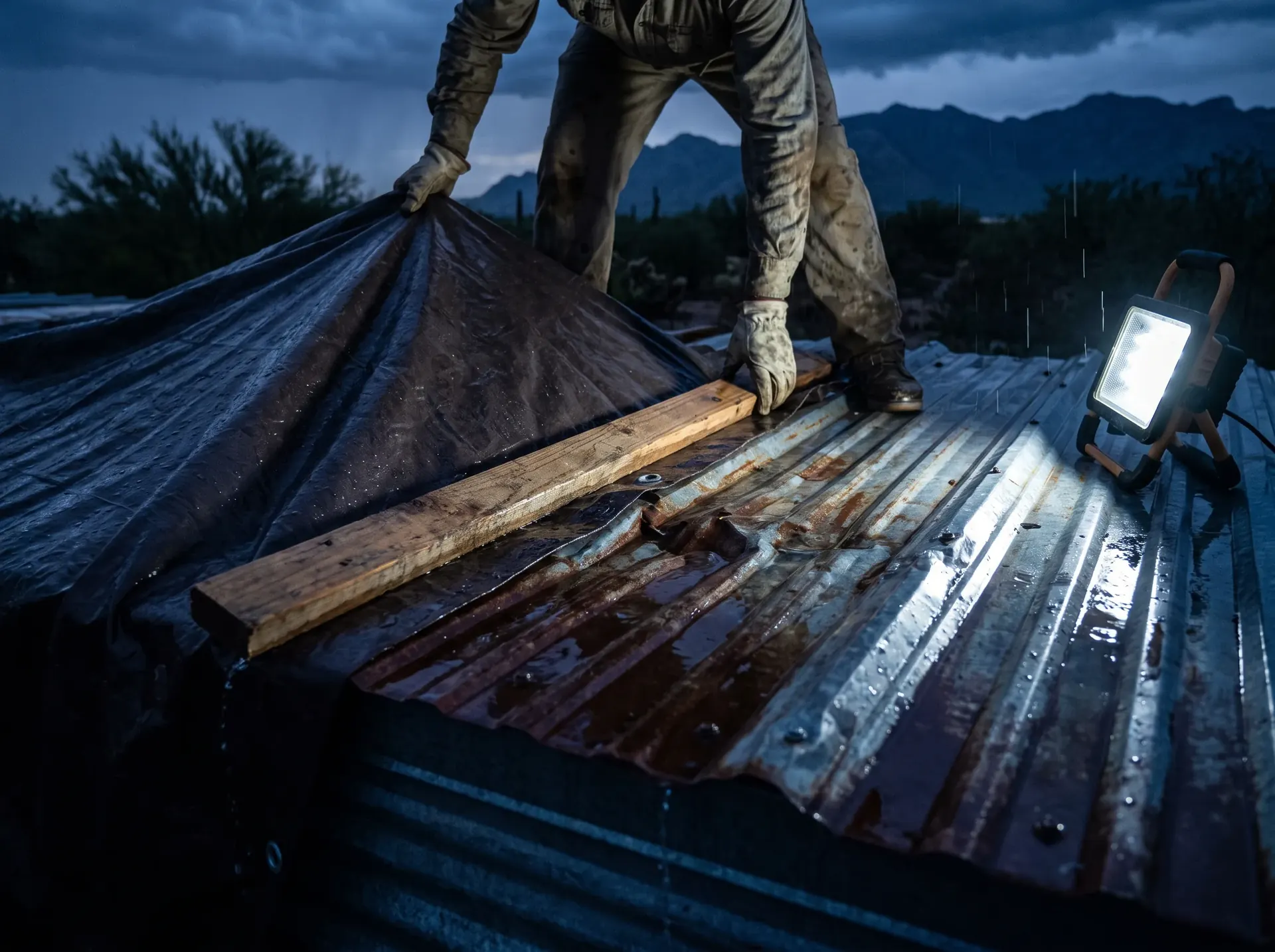 Tarp being pulled taut and battened over a damaged section of metal roof