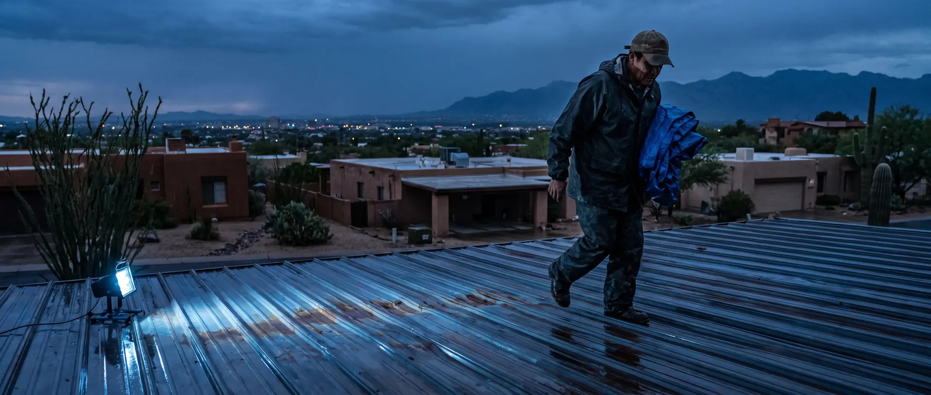 Roofer carrying a tarp across a rain slicked Tucson metal roof at dusk during a storm