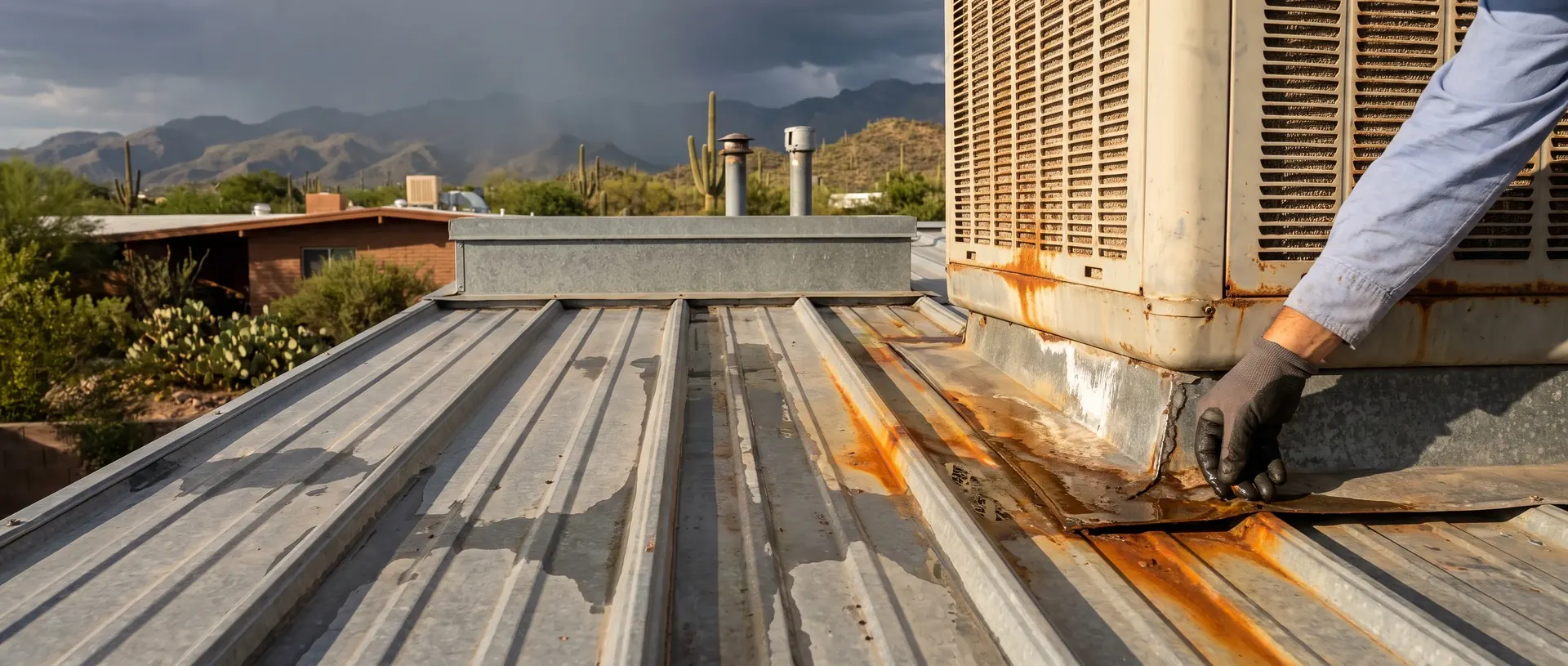 Low slope Tucson metal roof crowded with a swamp cooler, vents and curbs in raking afternoon light