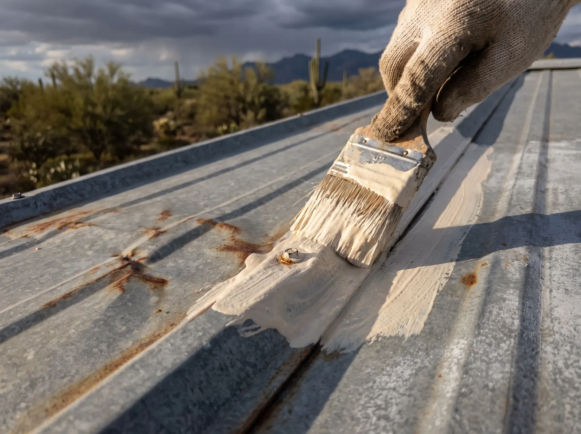 Restoration coating being brushed over a screw head and seam to bridge the joint
