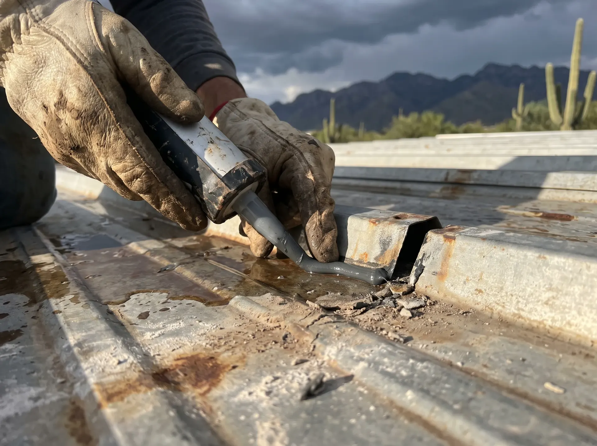 Sealant being worked into an open end lap between two metal roof panels