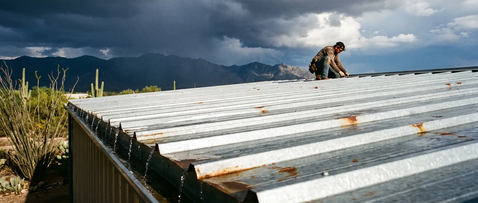 Roofer inspecting a lap joint on a wet Tucson metal roof after a monsoon storm