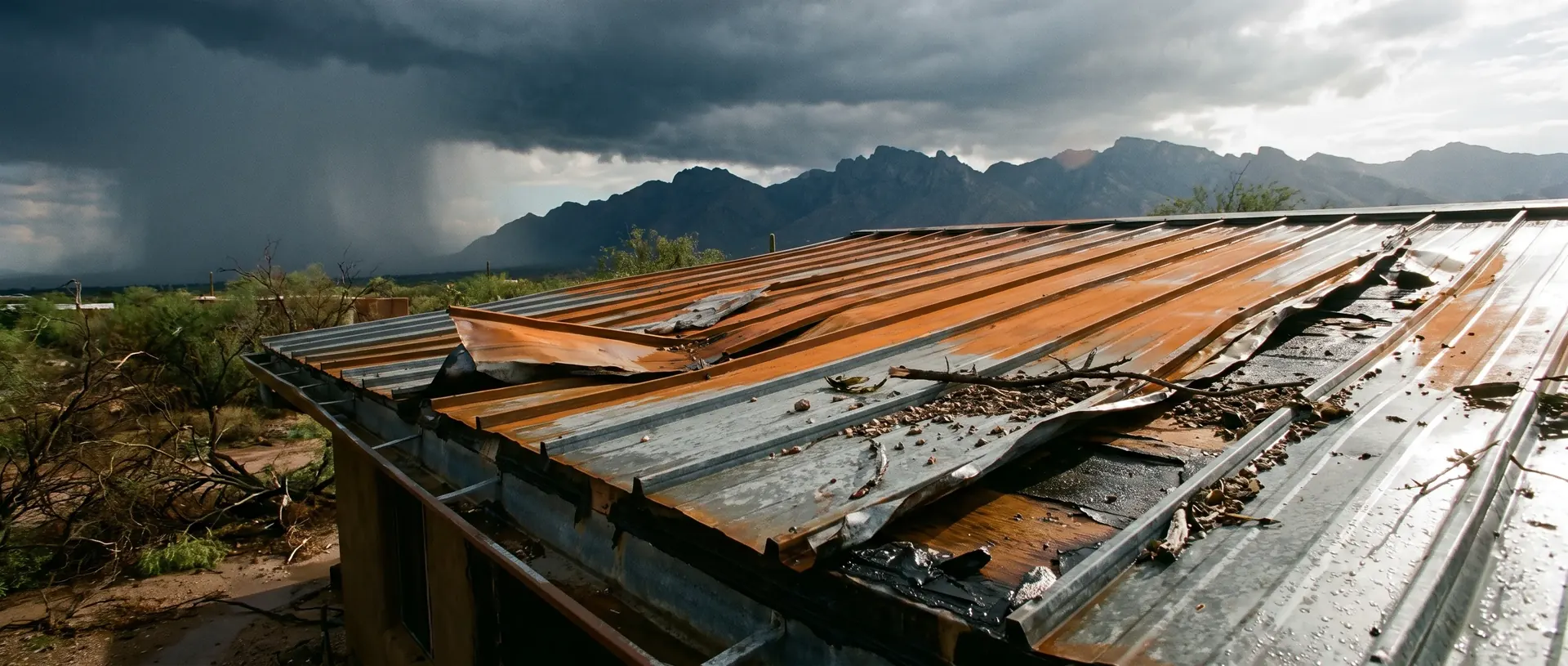 Storm damaged metal roof panels lifted and deformed after a Tucson monsoon microburst
