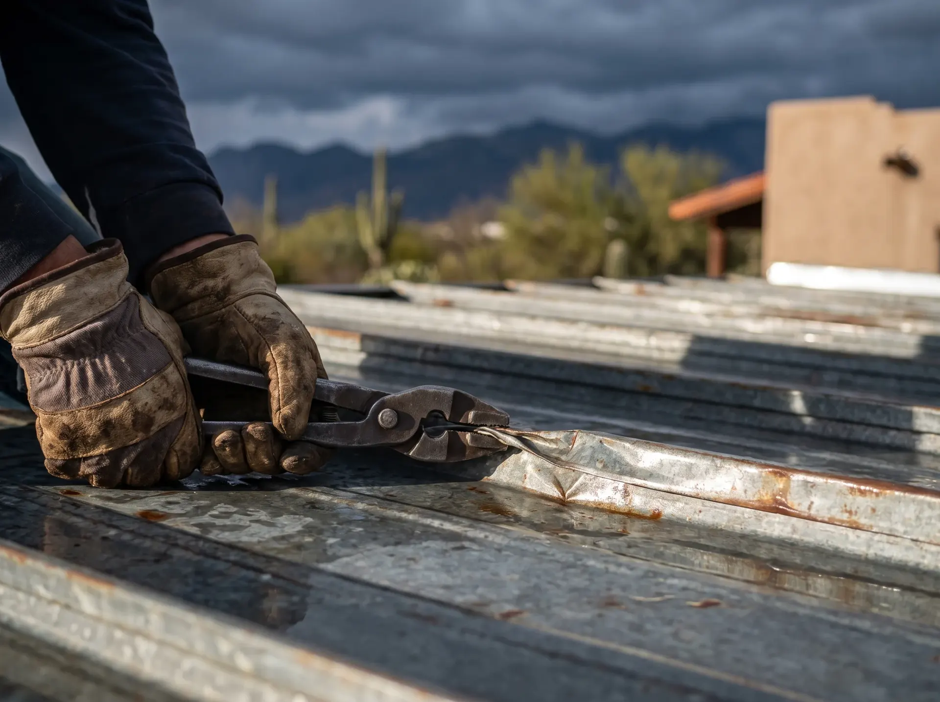 Hand seamer closing a standing seam fold back down on a metal roof