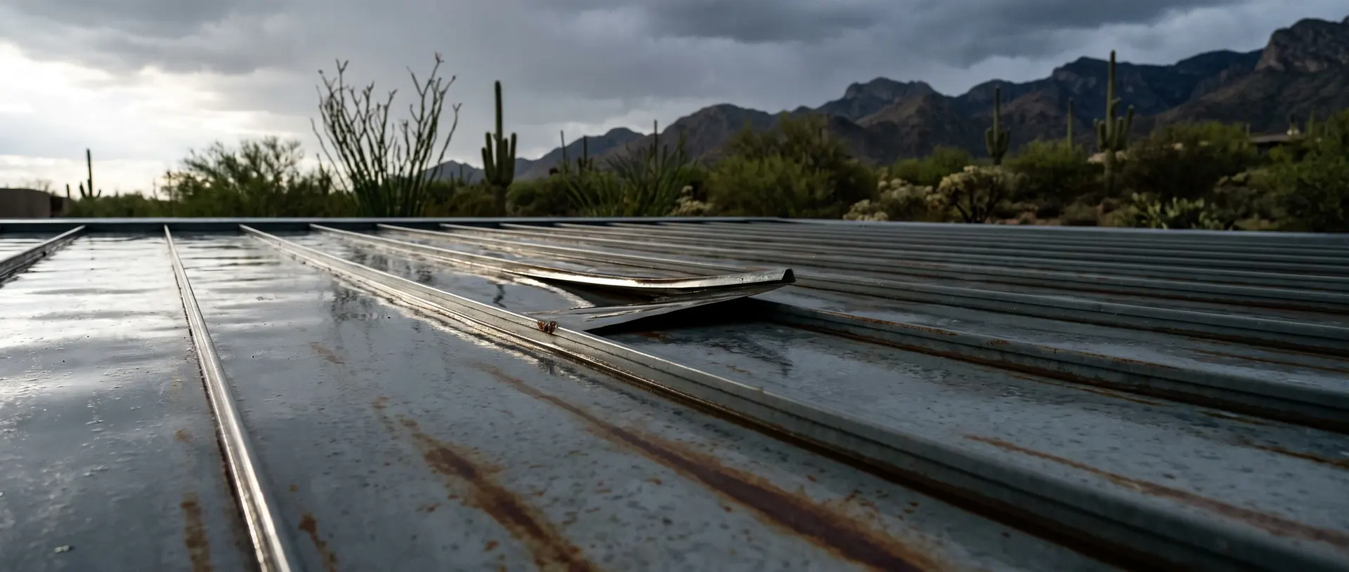 Standing seam running away down a Tucson roof with one seam visibly sprung open