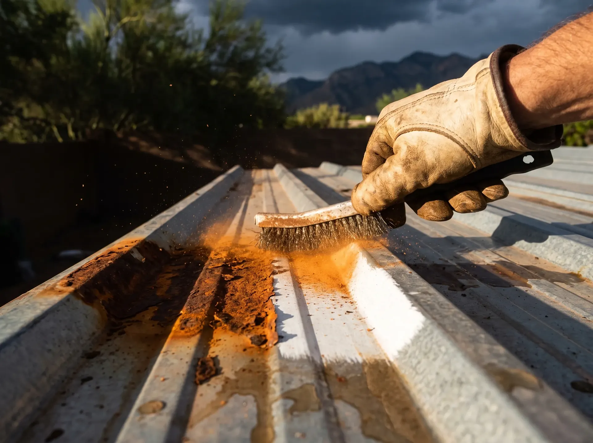 Flaking rust being wire brushed back to bright metal on a corroded roof panel