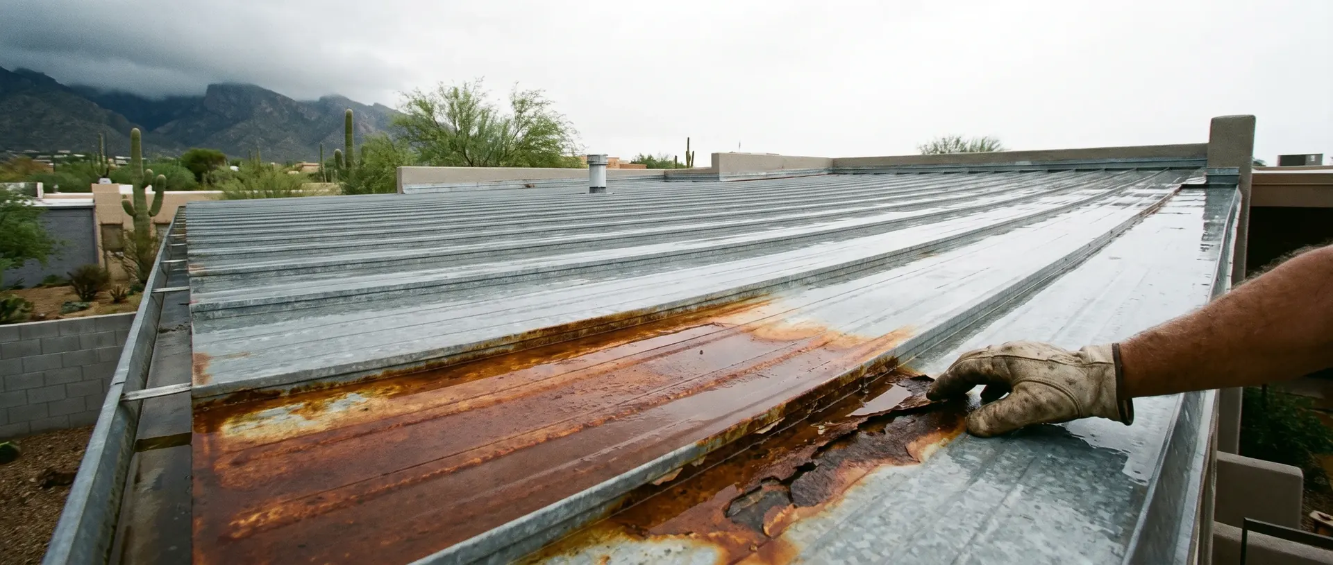 Rust spreading along the drainage path of a Tucson metal roof where water stands
