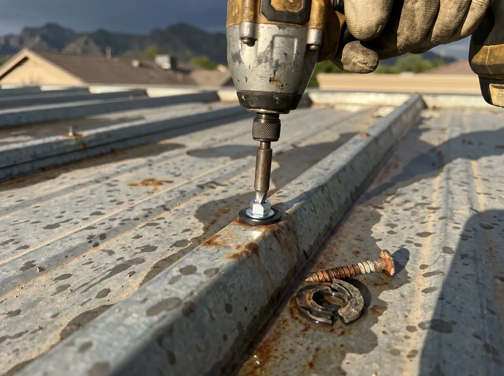 New oversize roofing screw with a fresh washer replacing a corroded fastener on a metal roof