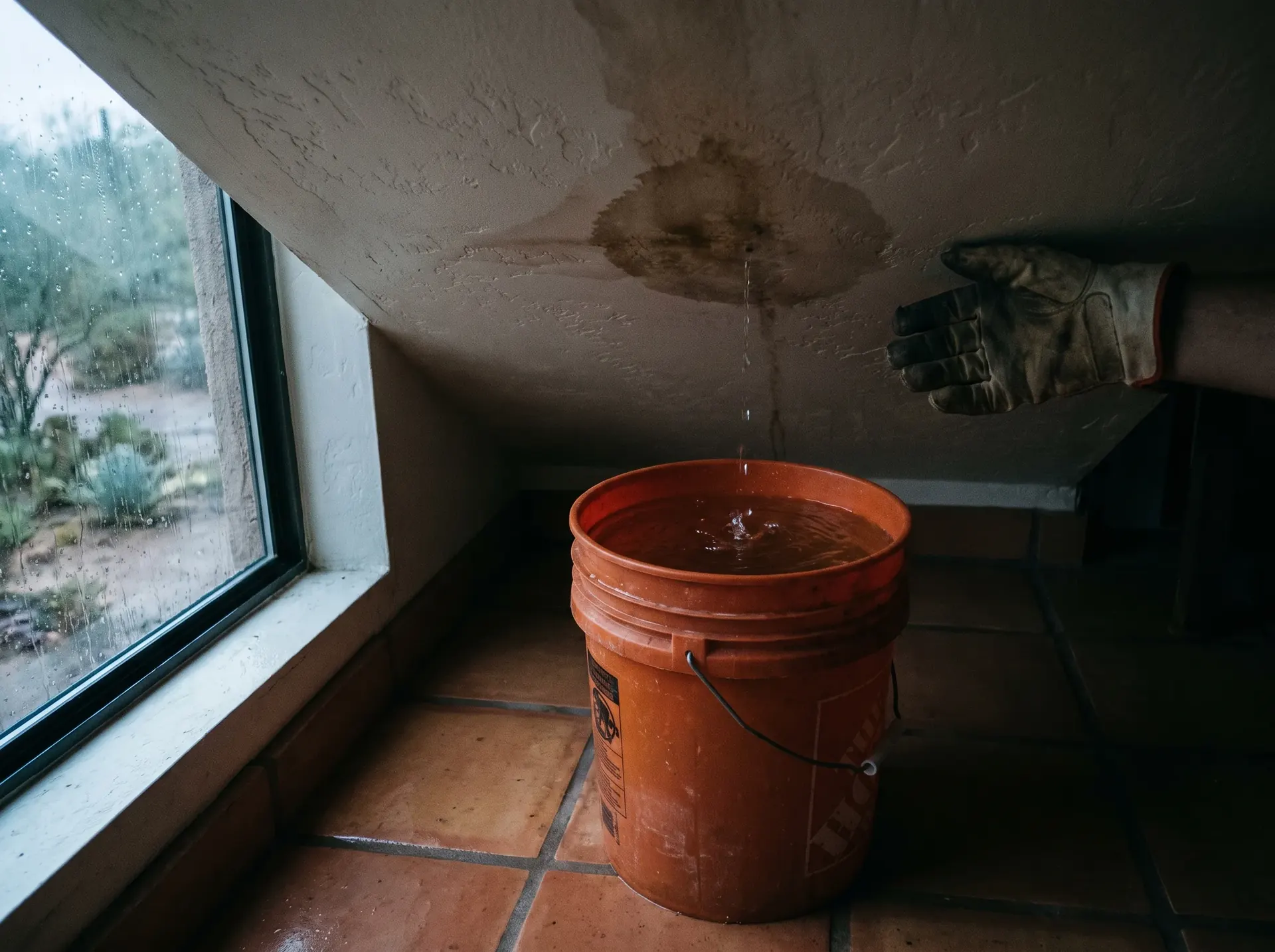 Bucket catching water from a metal roof leak during a Tucson monsoon storm