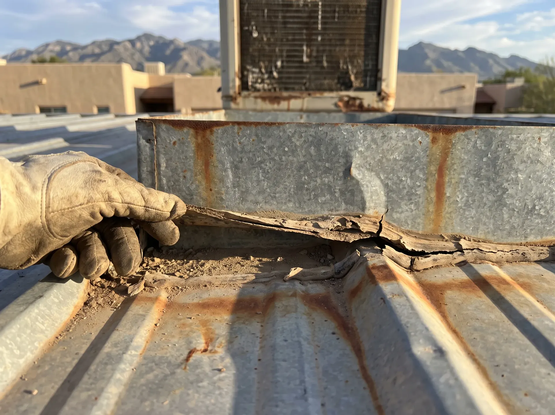 Cracked sealant pulling away from a swamp cooler curb on a Tucson metal roof