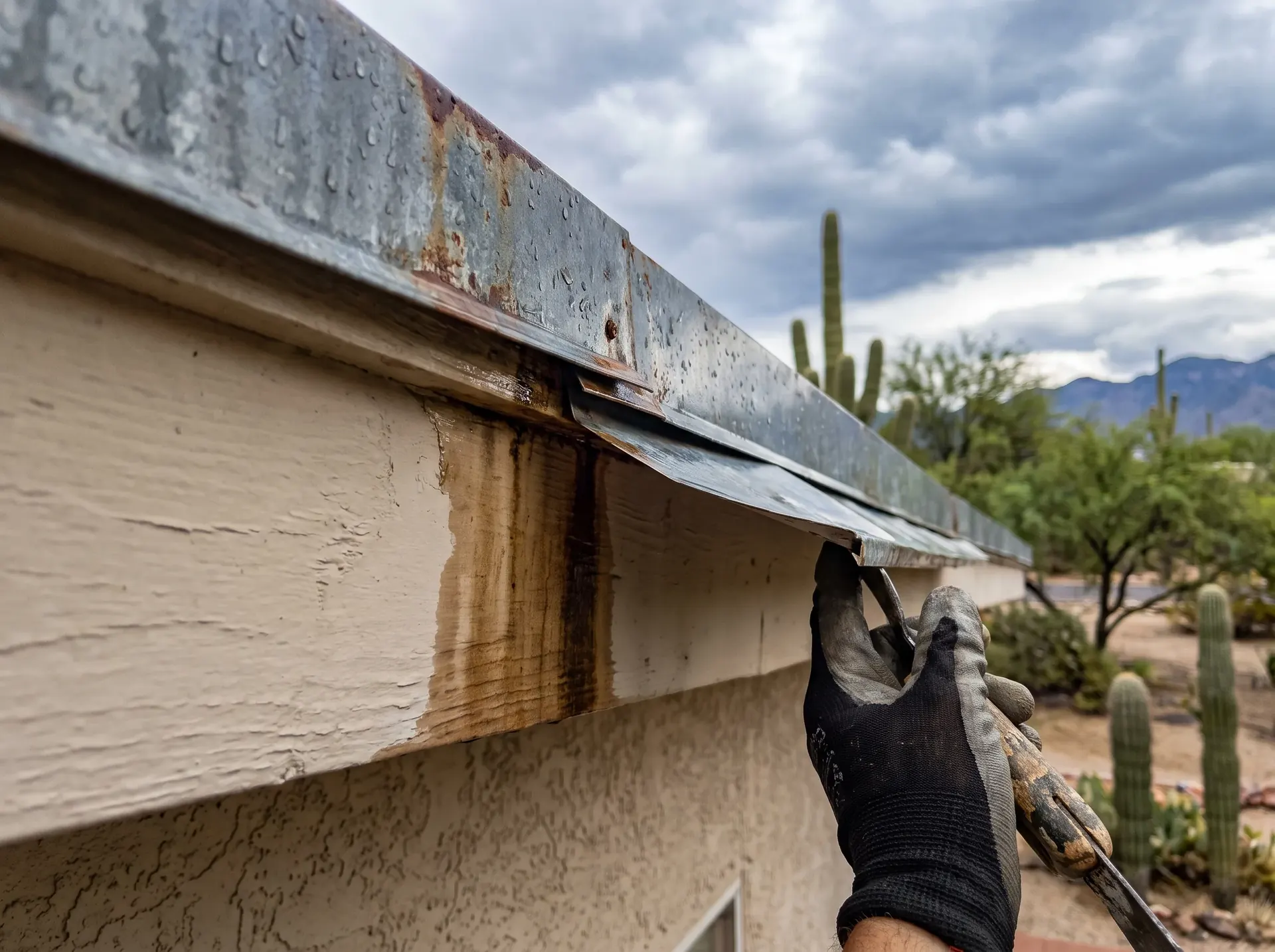 Drip edge pulled away from the fascia with water staining the timber behind it