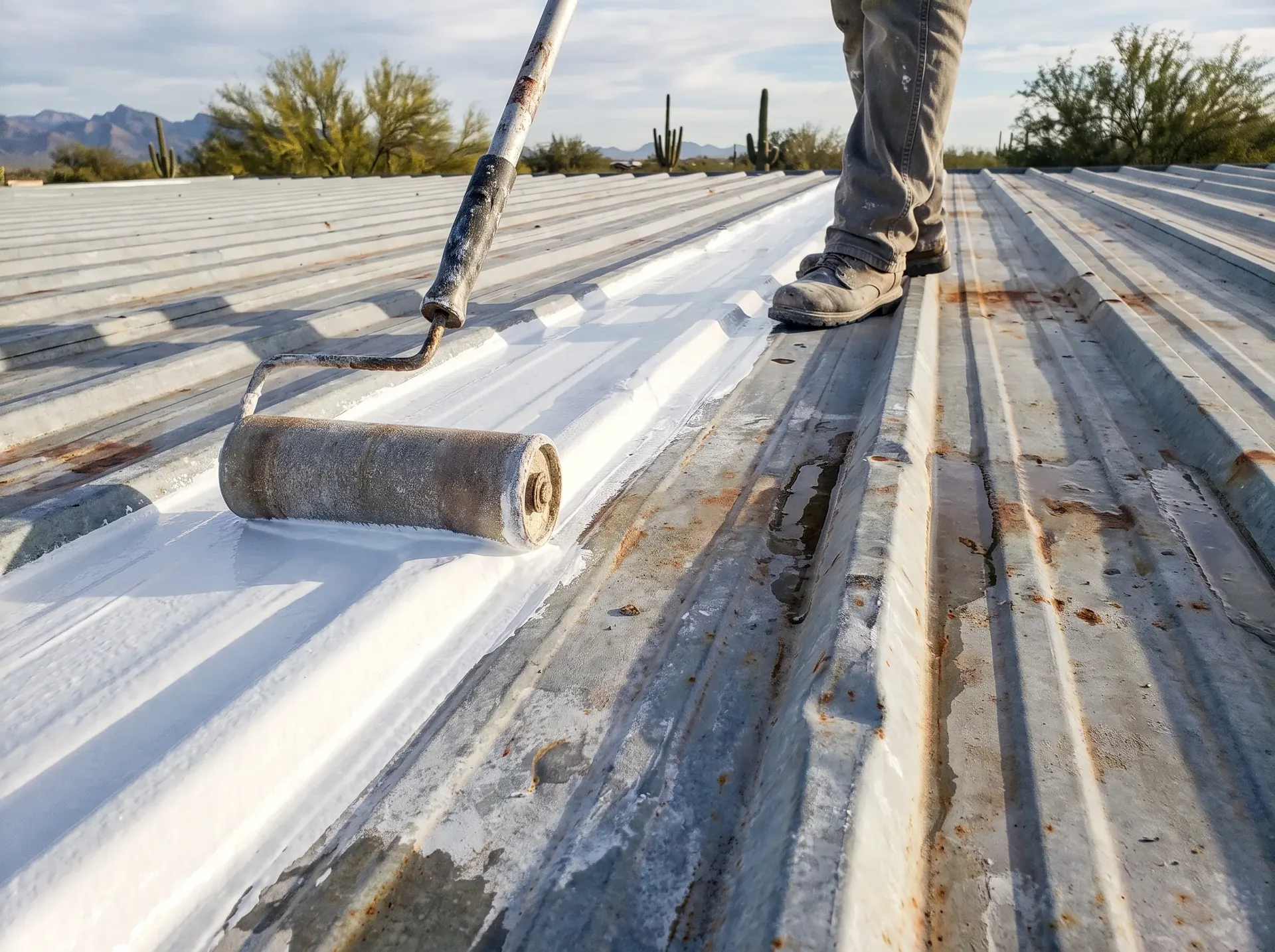 Reflective white restoration coating being rolled across a weathered Tucson metal roof