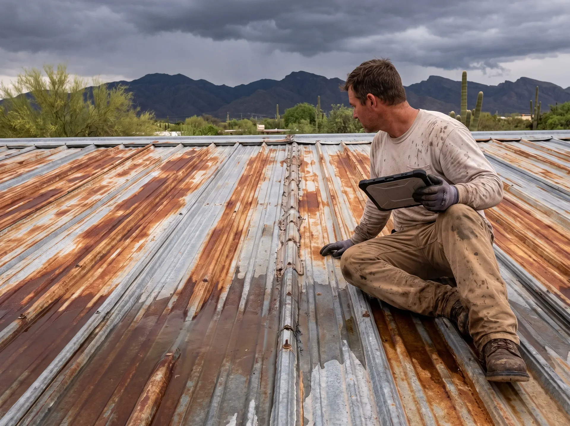 Roofer working along a fastener run during a documented metal roof inspection in Tucson