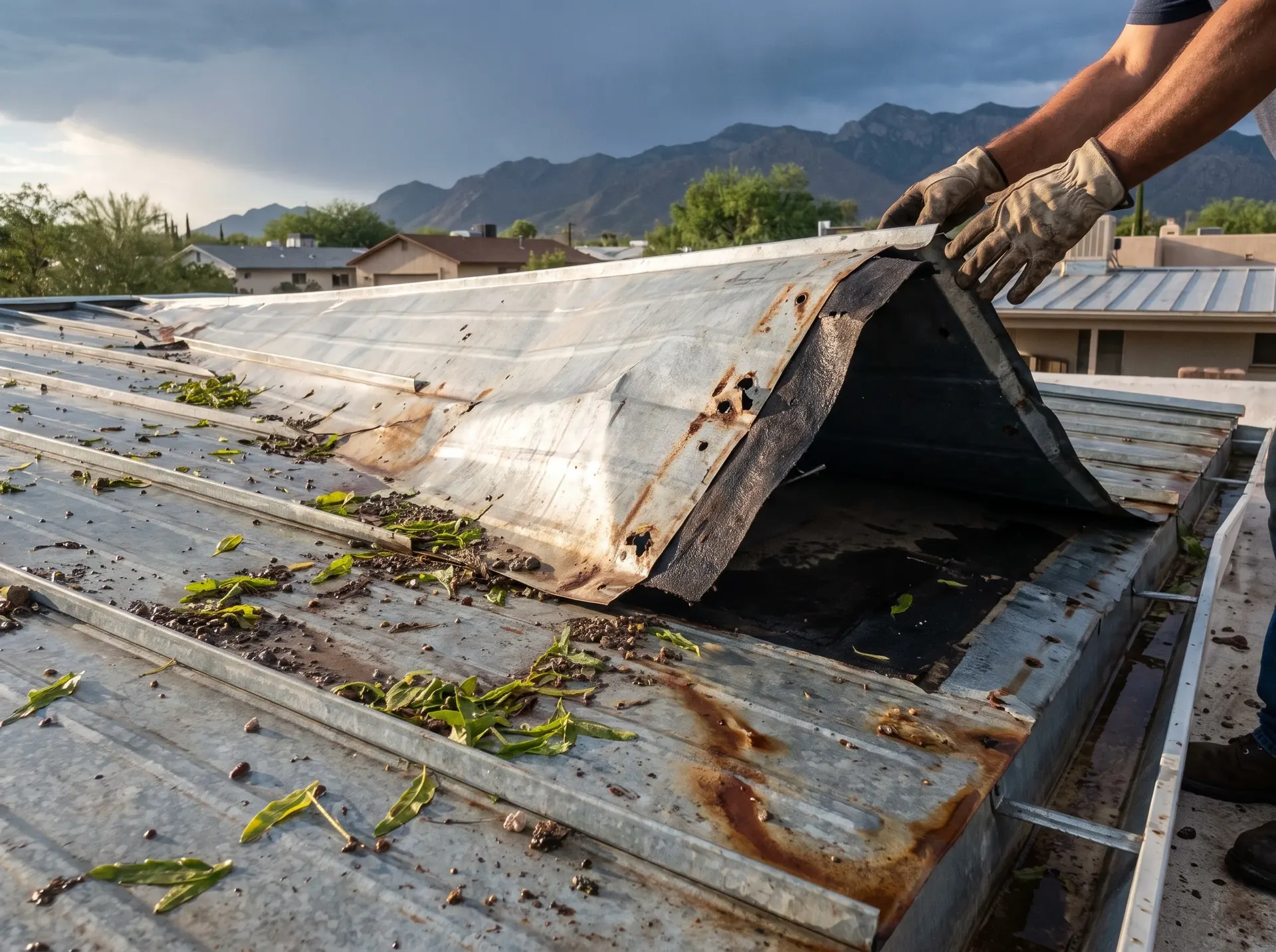 Metal roof panel lifted and torn at the fasteners by monsoon microburst wind in Tucson