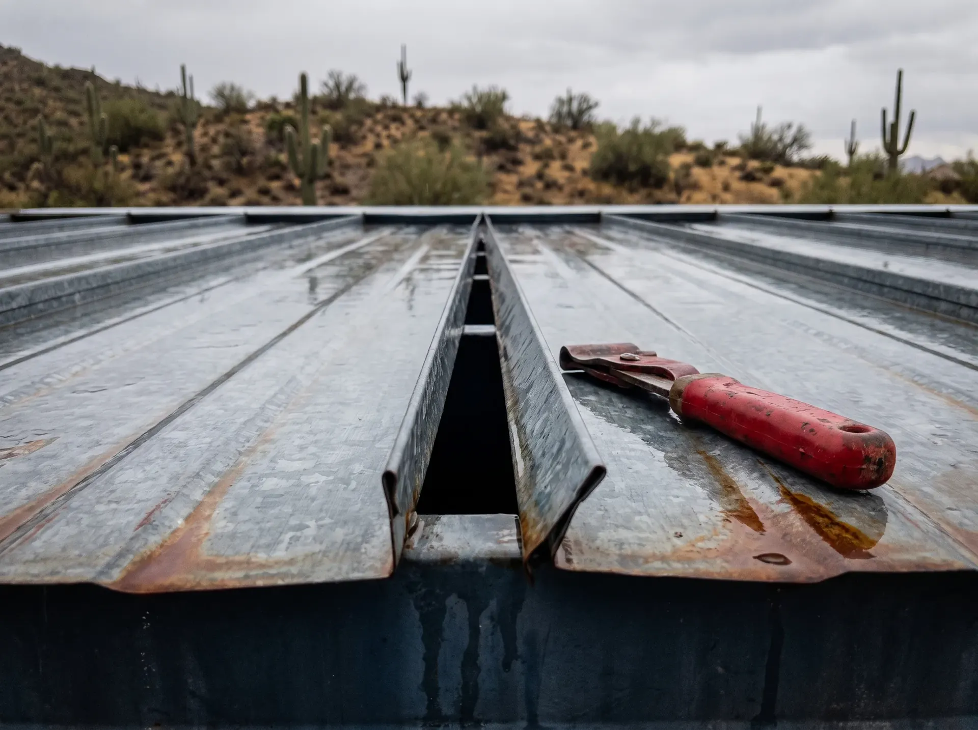 Separated standing seam on a metal roof with a hand seamer set beside the open joint