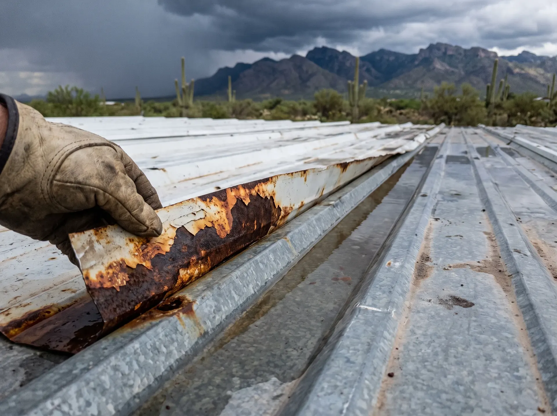 Rust blooming from a cut panel edge and lifting the paint film on a metal roof