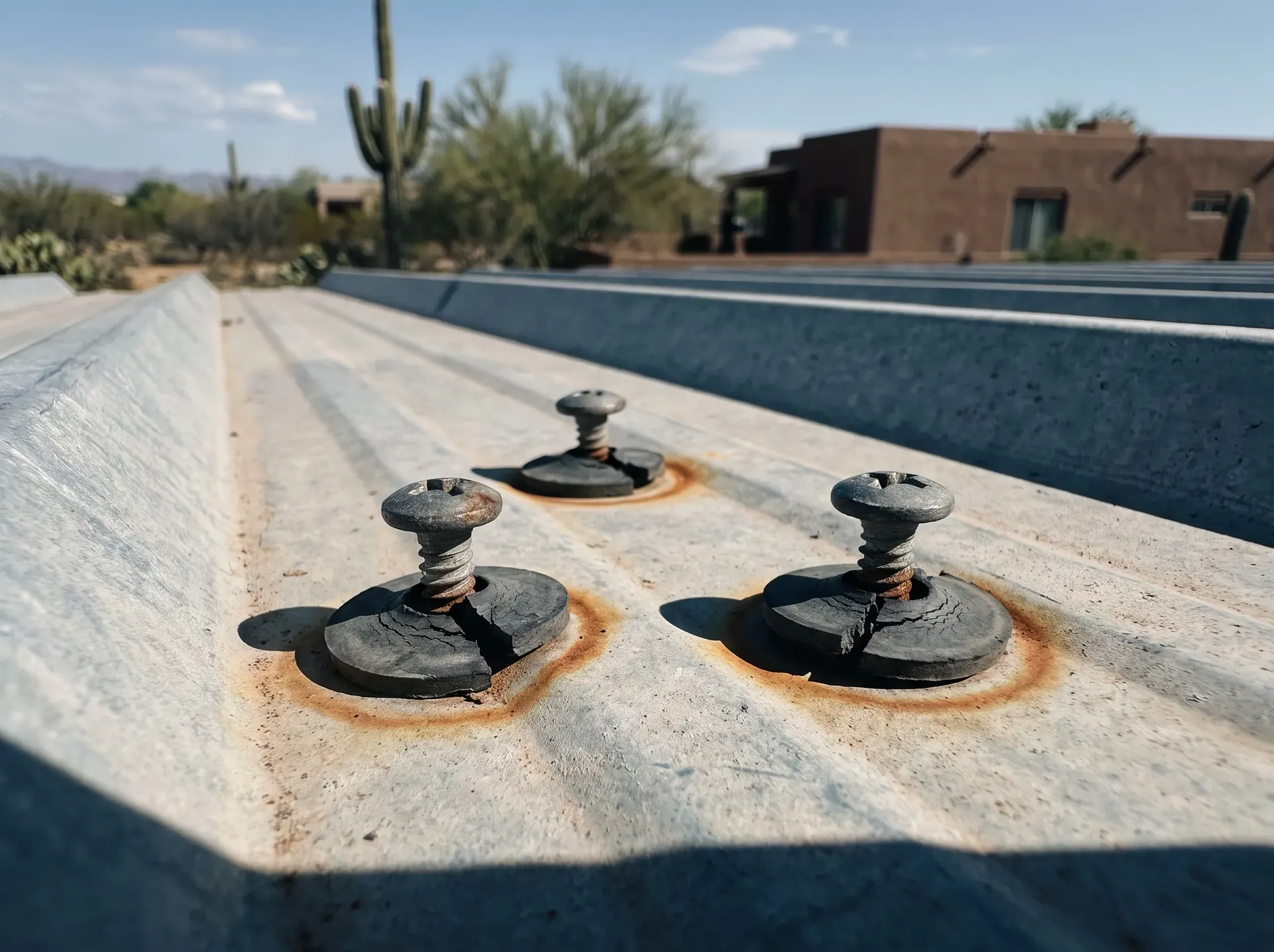 Backed out roofing screws with cracked rubber washers standing proud of a metal roof panel