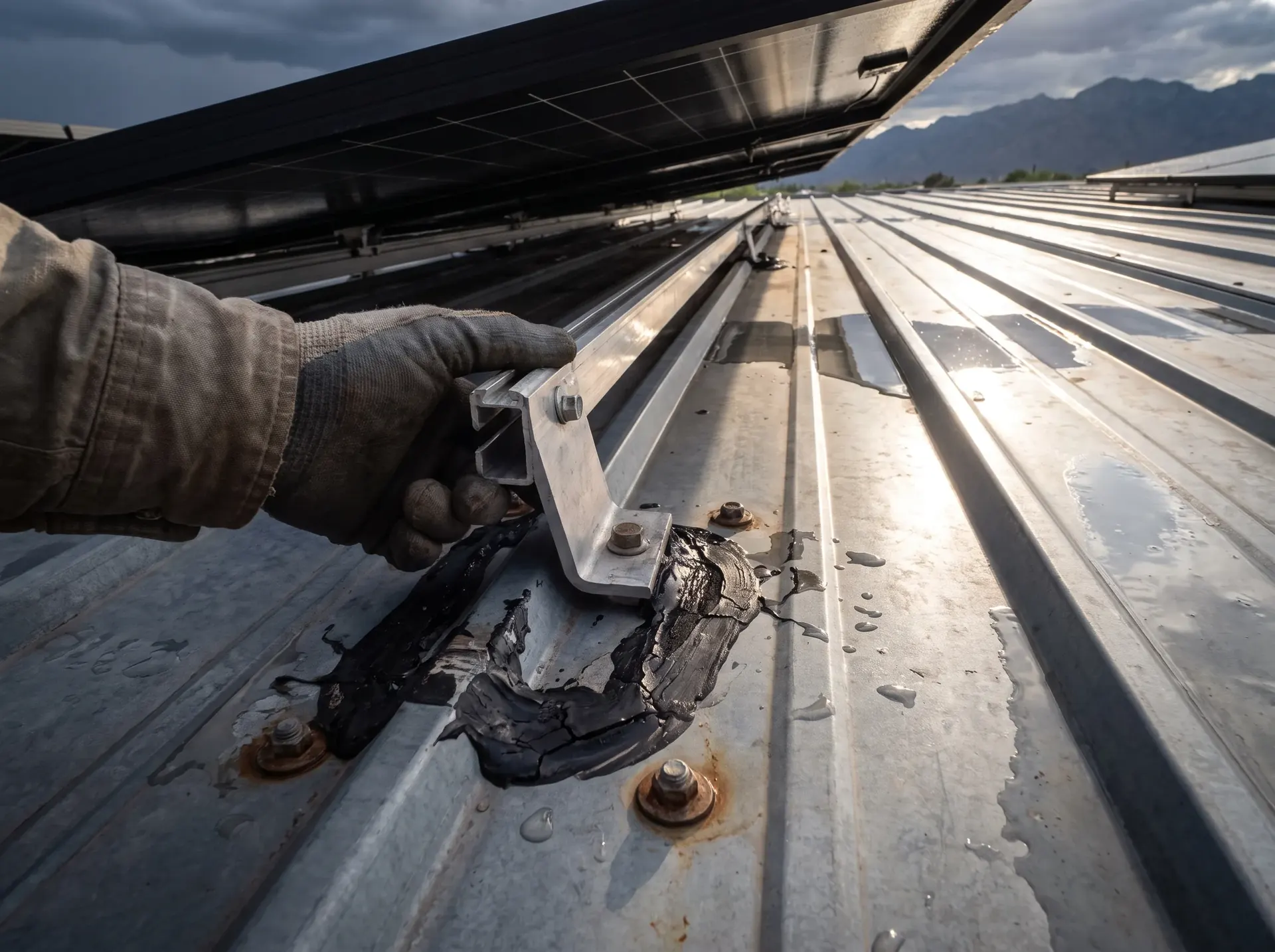 Solar mount standoff bolted through a metal roof rib with failed sealant around the base